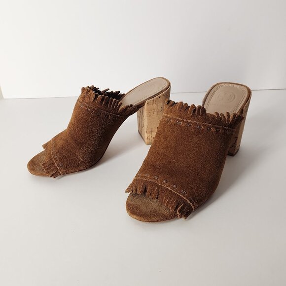 Tory Burch Shoes - Tory Burch Huntington suede fringe mule sandal cork block heel shoes 5.5 M